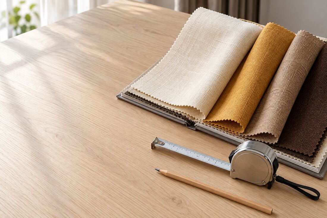 Fabric sample book, tape measure and pencil on an oak table