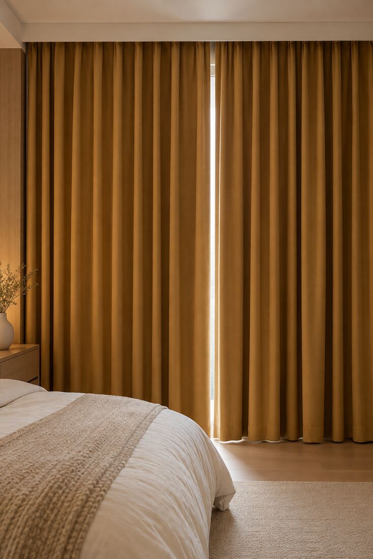 Honey-gold blackout curtains drawn across a bedroom window