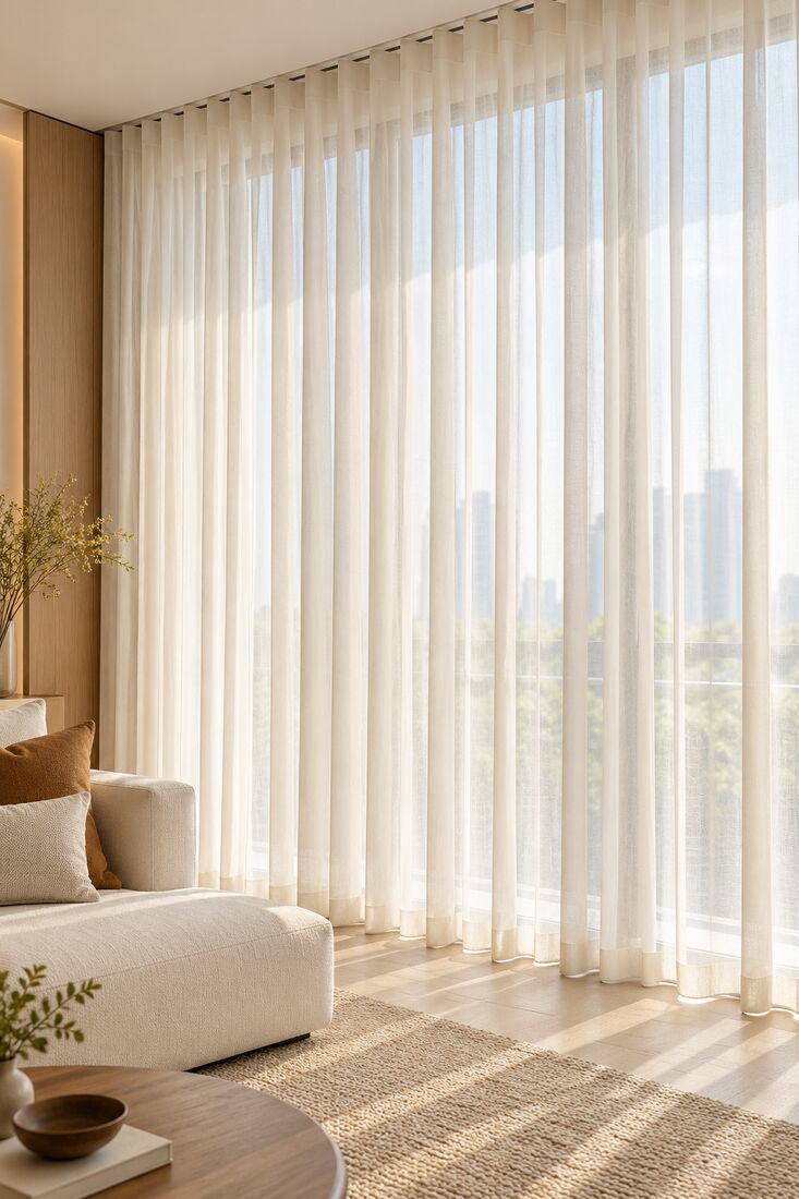 Ivory sheer curtains softening daylight in a condo living room