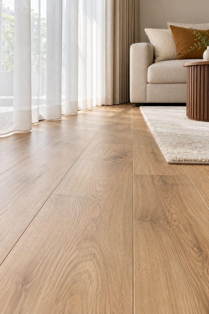 Oak-look vinyl plank flooring in a bright living room