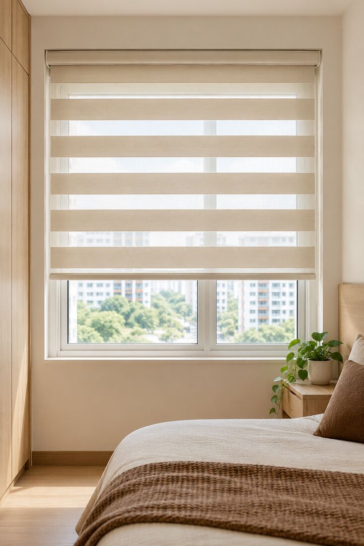 Cream zebra blind half lowered over an HDB bedroom window